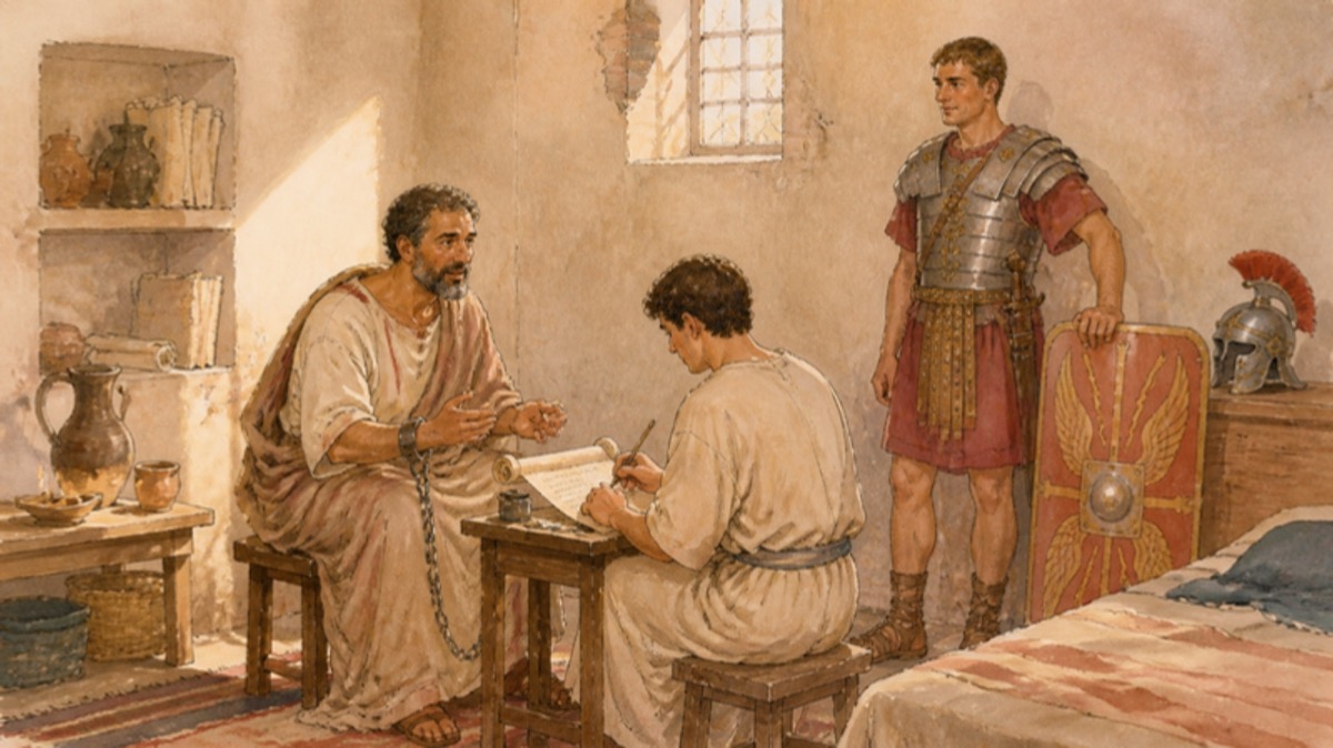 Paul in chains in a Roman room dictating a letter while a soldier guard in full armor stands nearby