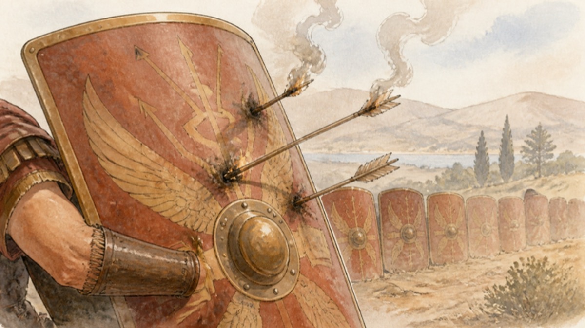A Roman soldier's large shield with flaming arrows stuck in it, the flames going out