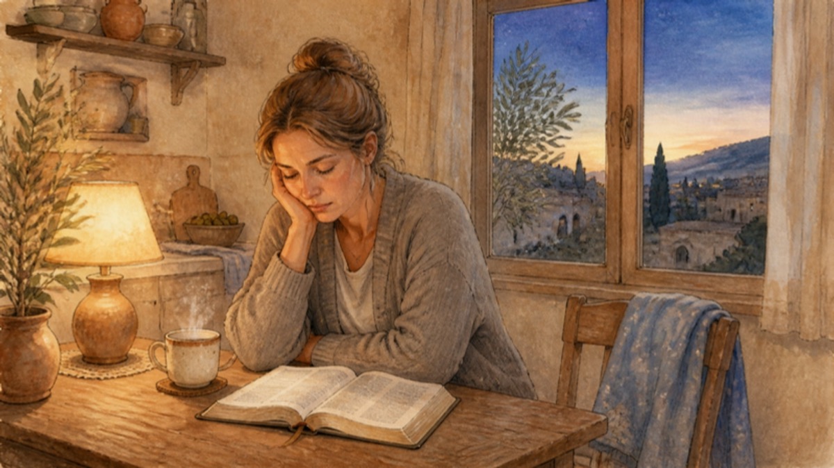 Watercolor of a tired young mother sitting at a kitchen table before dawn with an open Bible and a mug of tea, a soft lamp glowing, a sleeping toddler's blanket on the chair beside her