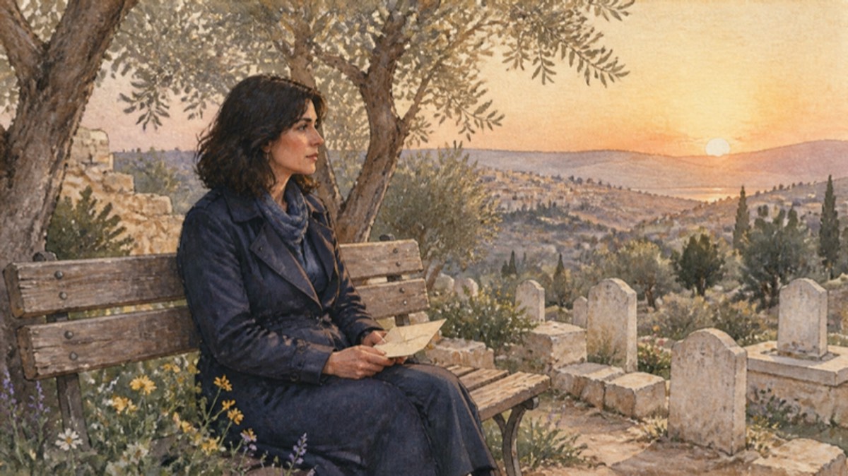 Watercolor of a woman in her thirties sitting alone on a wooden bench in a quiet cemetery garden under olive trees at dusk, a folded letter in her lap, soft golden light on the hills behind