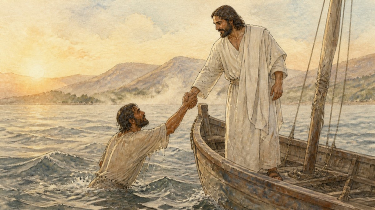 Watercolor of a weathered fishing boat on the Sea of Galilee at first light, a bearded man in a wet tunic being pulled up out of the water by a strong hand from the bow, mist on the hills behind