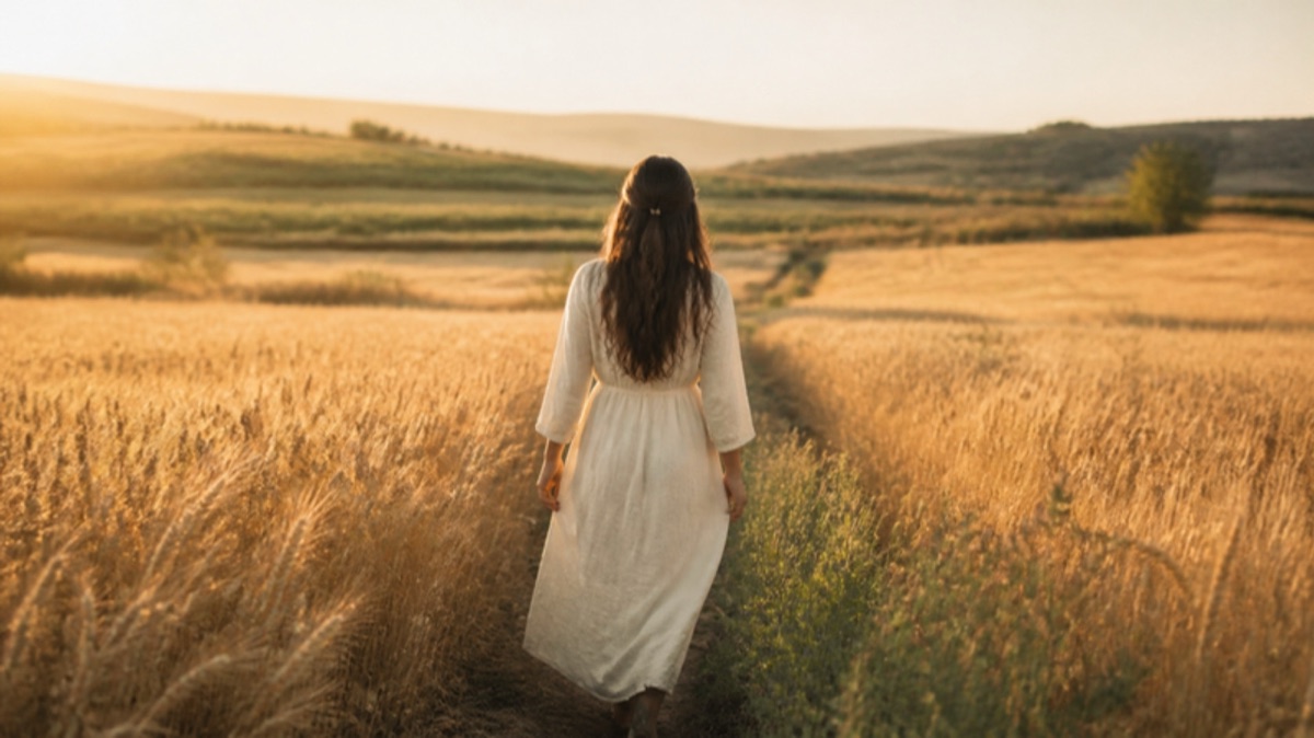 A person walking confidently along a narrow mountain ridge at dawn