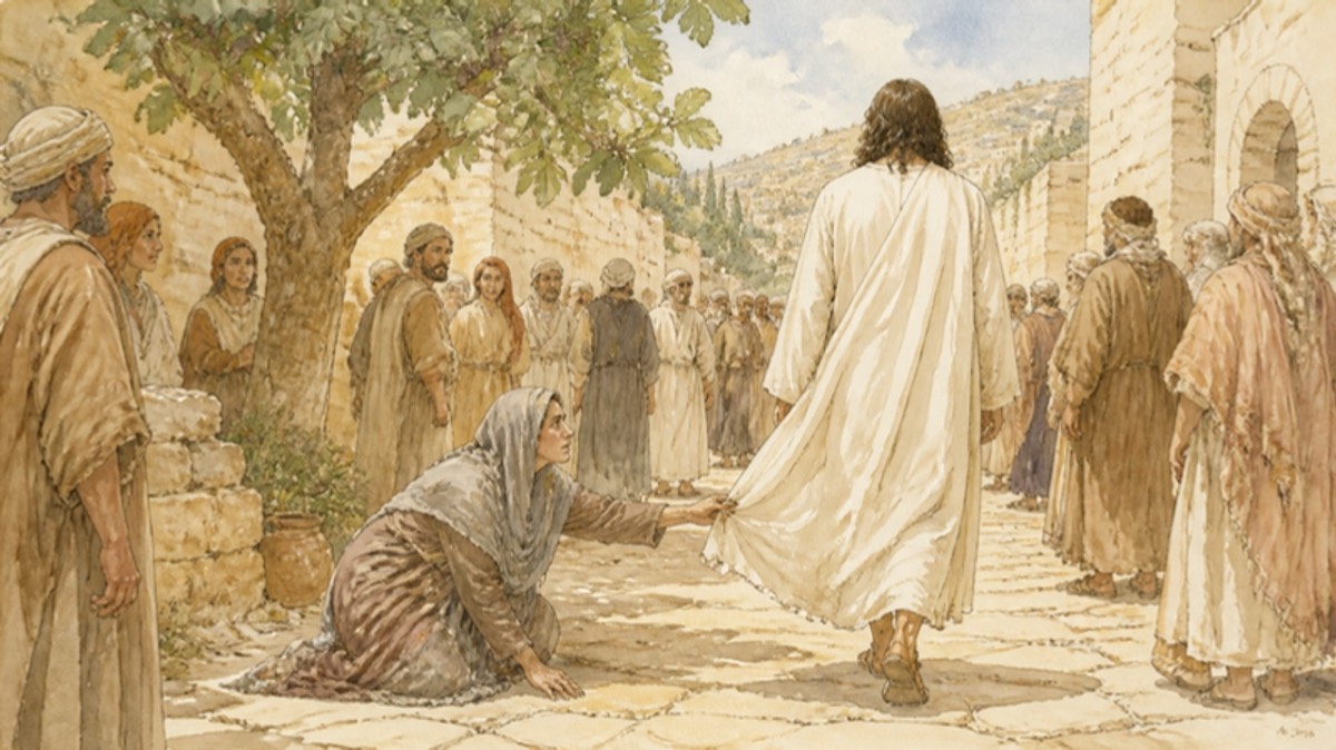 Watercolor of a narrow stone street in a Galilean town crowded with people in homespun robes, a pale woman with a gray shawl reaching toward the hem of a passing man's cloak, warm afternoon light