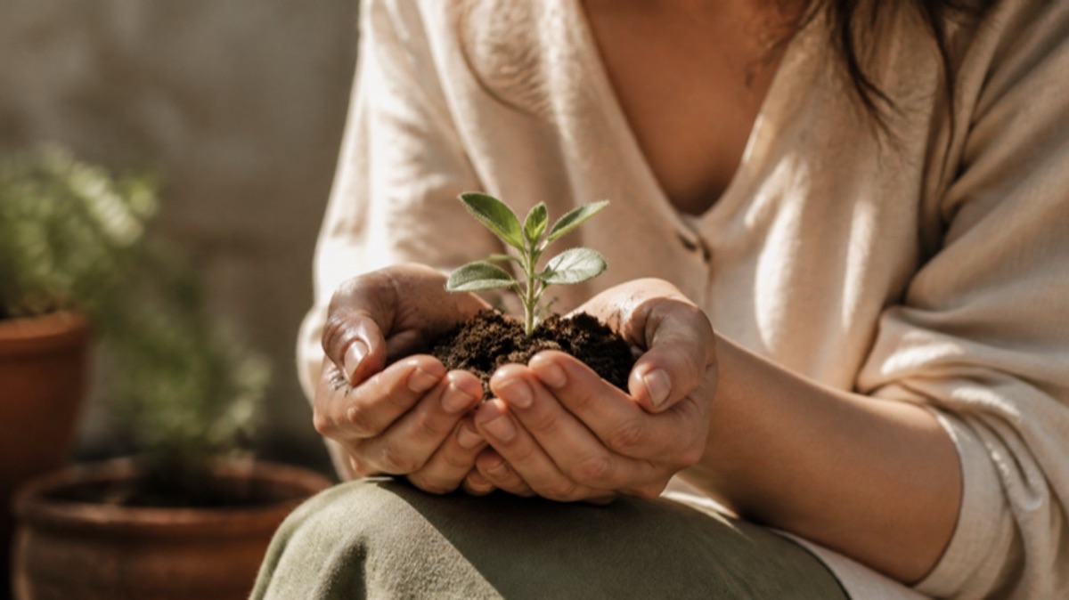 Gentle hands holding a small plant growing from rich soil