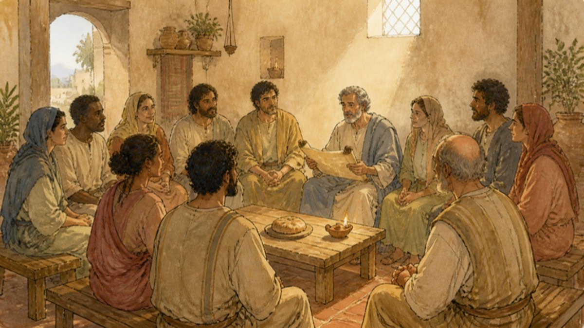 Watercolor of a Roman-era house church: a dozen men and women of varied ages in plain tunics seated close together on benches around a low table with bread and a clay lamp, one reading from a scroll, warm light through a small window