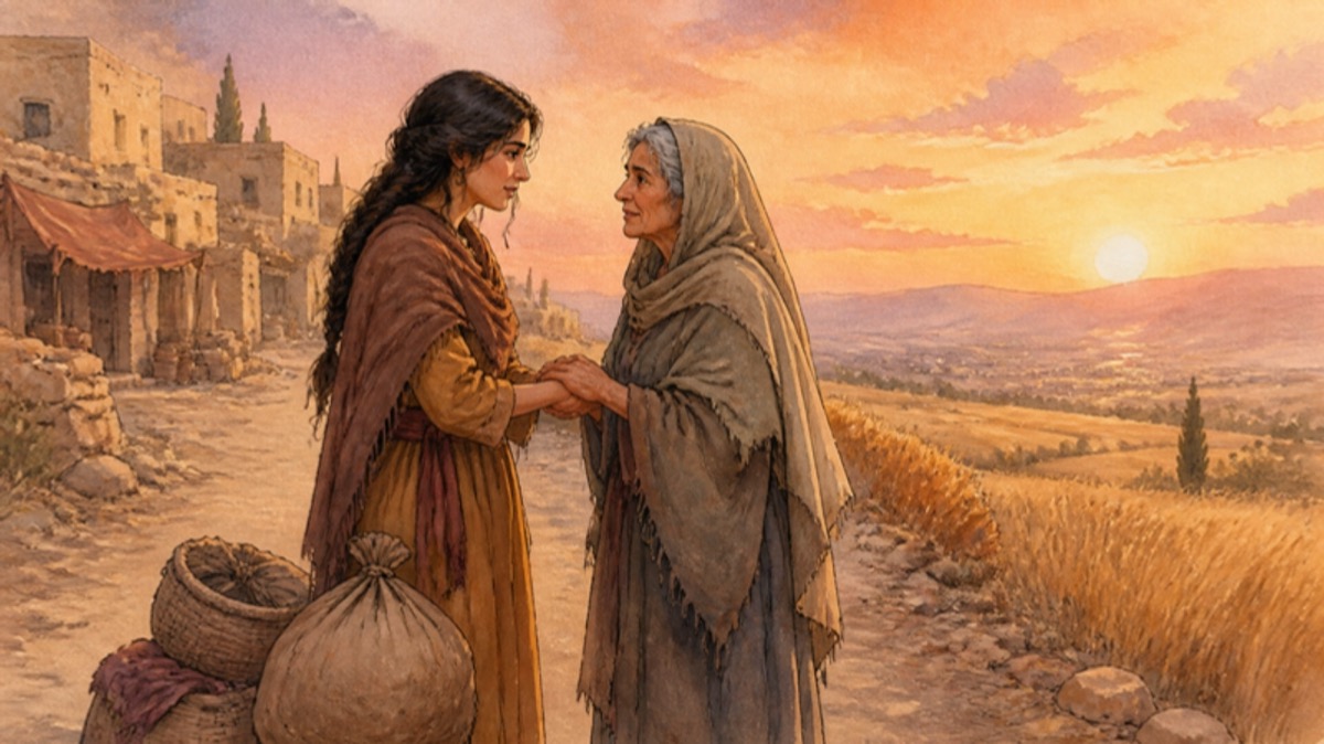 Watercolor of two women on a dusty road leaving a Moabite village at sunset, a young dark-haired woman in a brown shawl gripping the hands of an older gray-haired woman in a worn traveling cloak, fields of barley and distant hills of Judah ahead