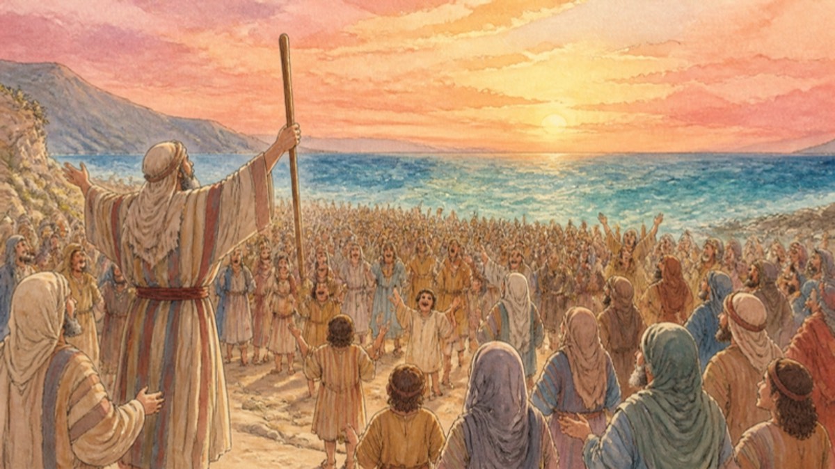 Watercolor of a vast crowd of Hebrew men, women, and children standing on a sandy shore at dawn with a wall of sea water settling behind them, a gray-bearded man in a striped robe raising a staff as the people begin to sing