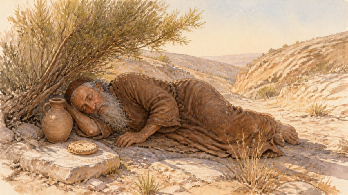 Watercolor of an old man in a plain robe asleep under a broom bush in a desert ravine, a small flat loaf and a clay jar of water beside his head, early morning light on the rocks