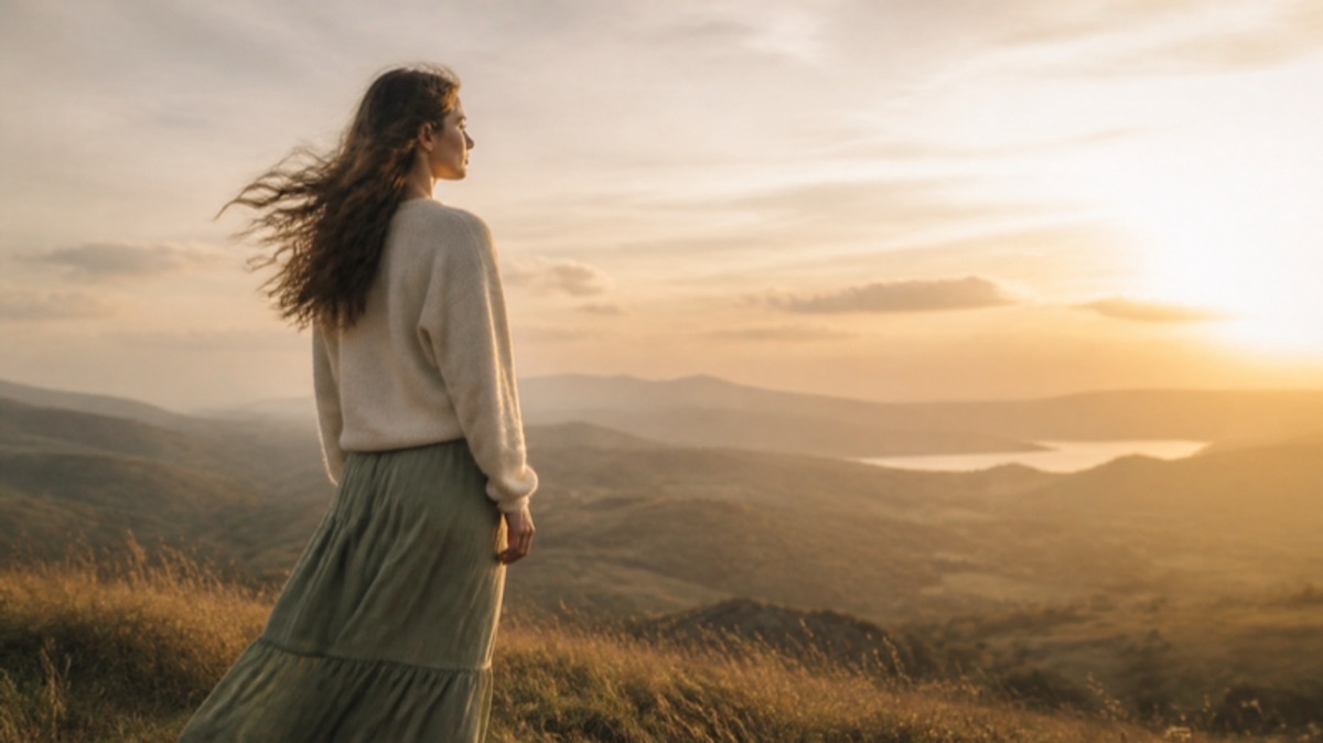 A person standing strong on a mountain summit at sunrise