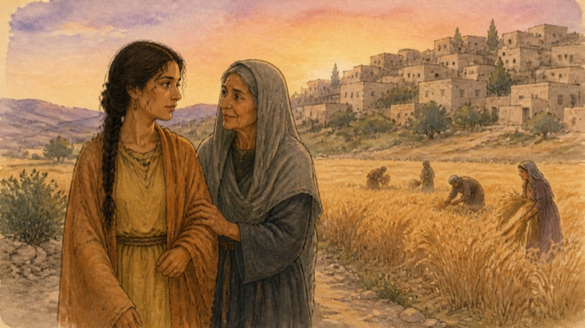 Watercolor of a Moabite woman with dark braided hair in a simple ochre dress standing at the edge of a barley field at dusk, an older Israelite woman in a gray head covering beside her, stone houses of Bethlehem on the hill behind