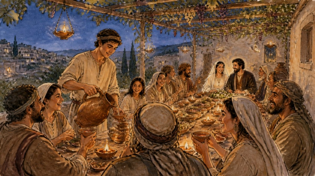 Watercolor of a Galilean village wedding at evening: long tables under grapevines strung with lamps, guests in homespun robes laughing, a servant pouring from a large clay jar, a bride and groom at the far end