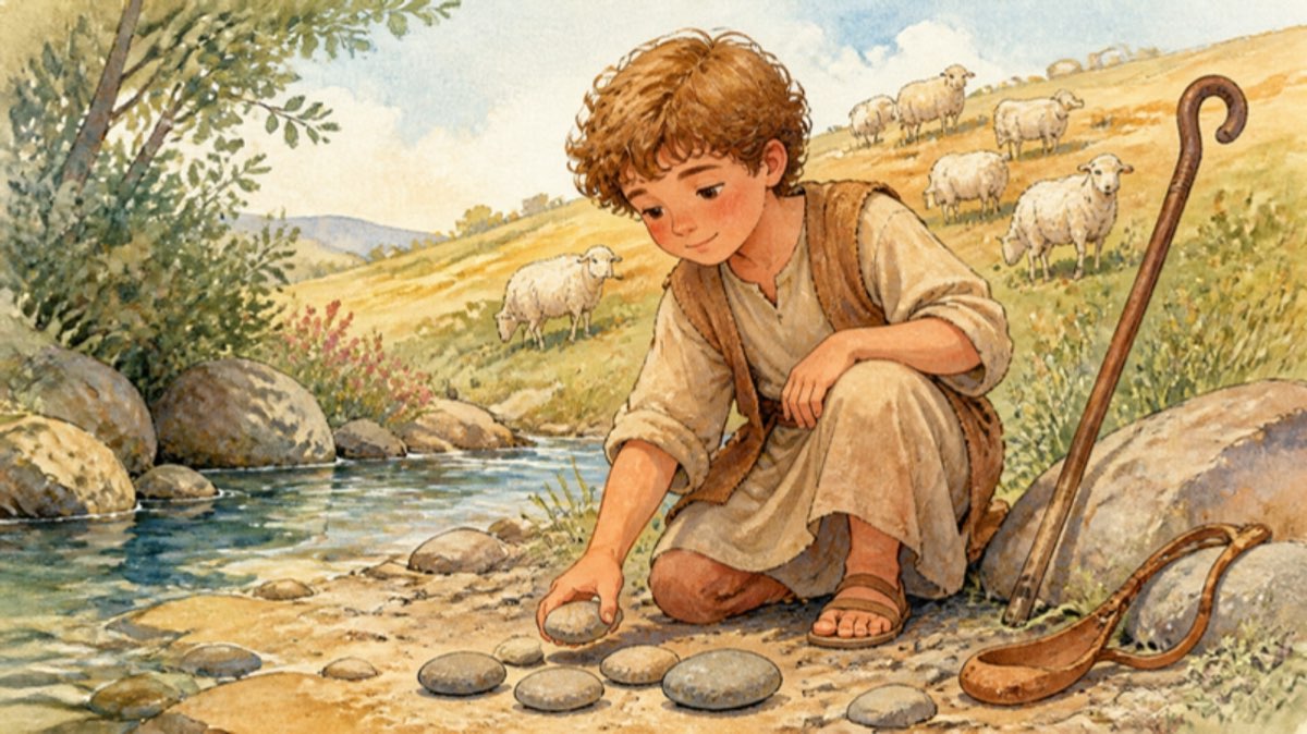 The shepherd boy David kneeling at a stream choosing five smooth stones