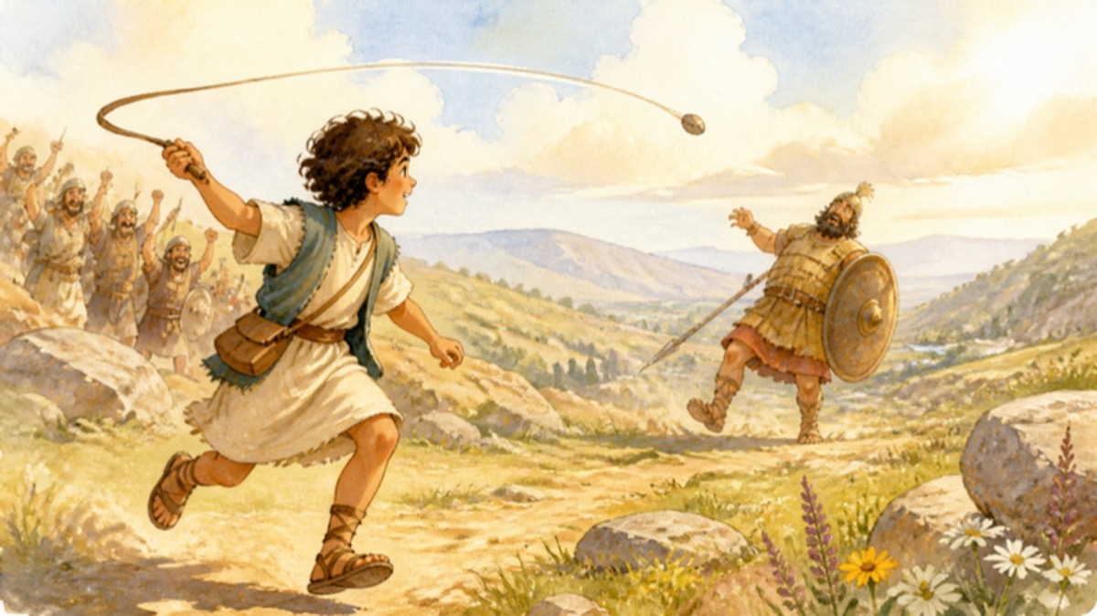 David whirling his sling in the valley as the giant stumbles back in surprise
