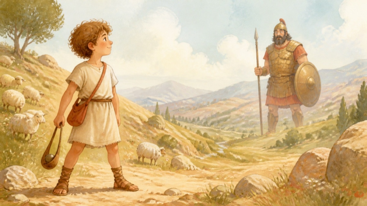 Watercolor children's illustration of a small shepherd boy with a sling facing a tall armored giant in a sunlit valley