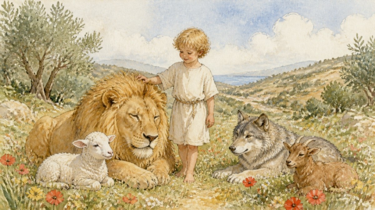 Watercolor of a lion resting beside a lamb in a sunlit meadow of wildflowers, a wolf lying nearby with a small goat, a young fair-haired child in a simple white tunic walking calmly among them, olive hills in the distance