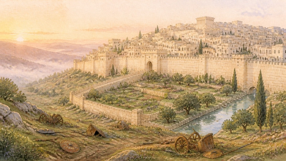 Watercolor of a walled hill city at dawn with a river running through its gardens, broken chariots and scattered spears lying silent in the valley below, a soft mist lifting off the hills