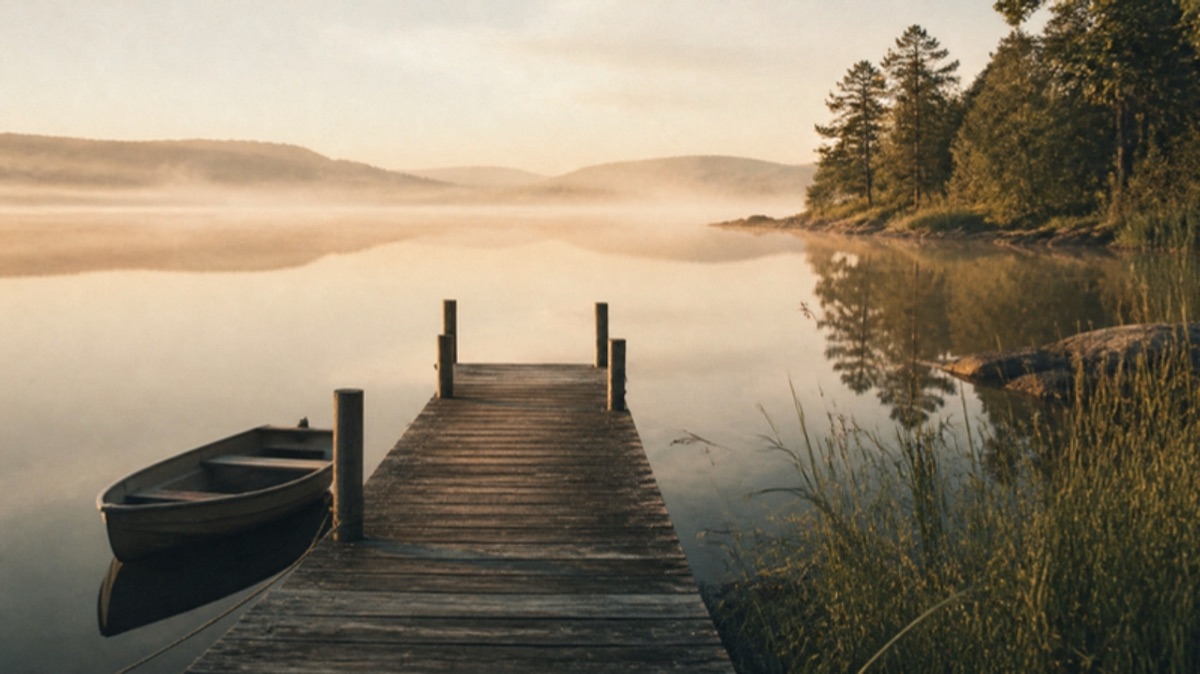 A serene lake reflecting snow-capped mountains at twilight