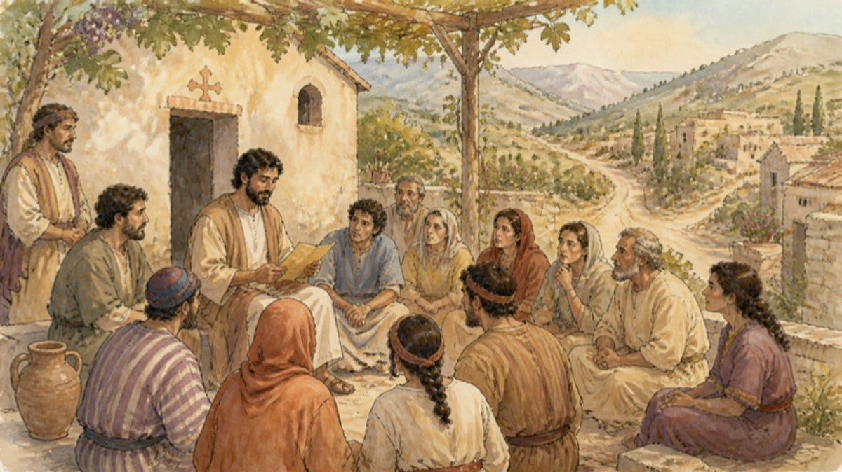 A small house church in a Galatian hill town listening to Paul's letter being read aloud