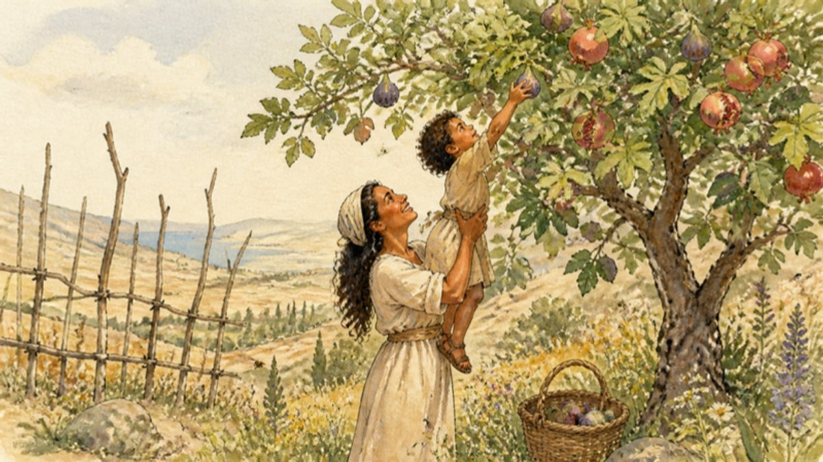 A mother lifting a child to pick fruit from a tree heavy with figs and pomegranates in a hillside orchard