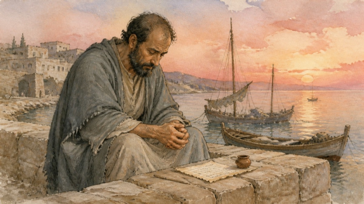 Watercolor of a middle-aged man with a thinning beard and worn traveling cloak seated on a low stone wall by a Mediterranean harbor at dusk, head bowed over clasped hands, a half-written letter on parchment beside him