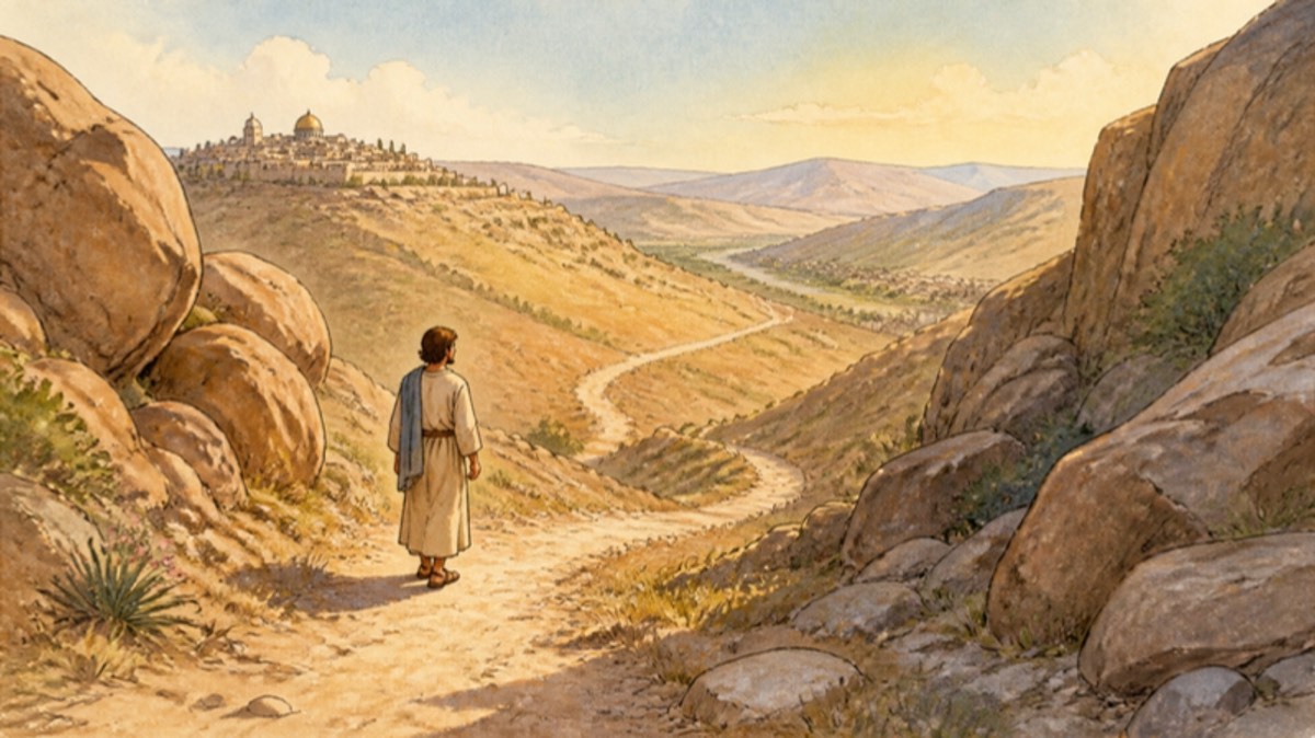 A traveler walking alone down the steep rocky road from Jerusalem to Jericho