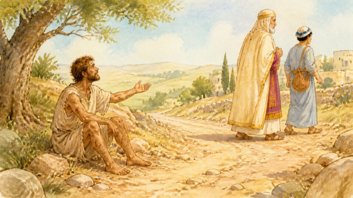 A priest and a Levite crossing to the other side of the road past the hurt man