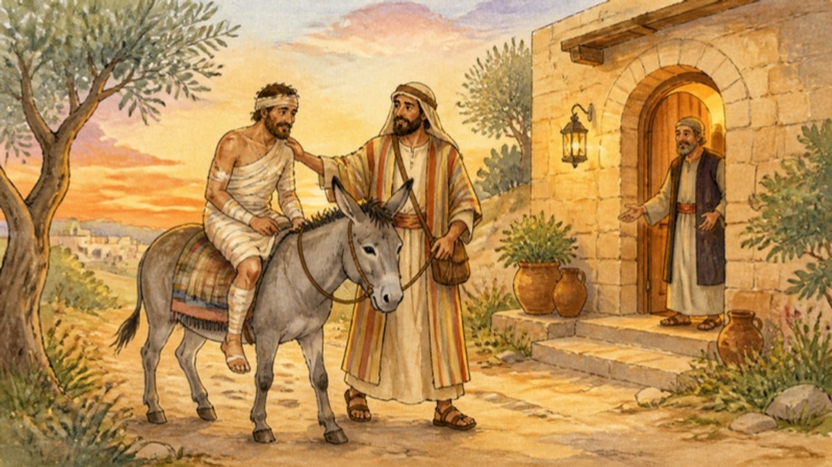 The Samaritan walking beside his donkey carrying the bandaged man to an inn at sunset