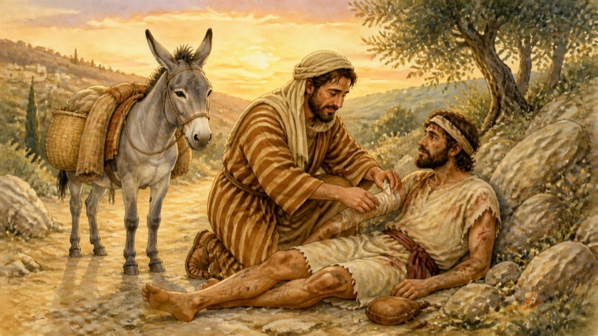 Watercolor children's illustration of a traveler kneeling on a dusty road to bandage a hurt man while a donkey waits