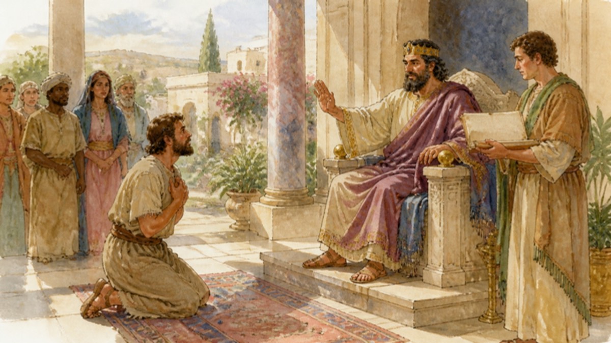 A servant kneels before the king who cancels his enormous debt