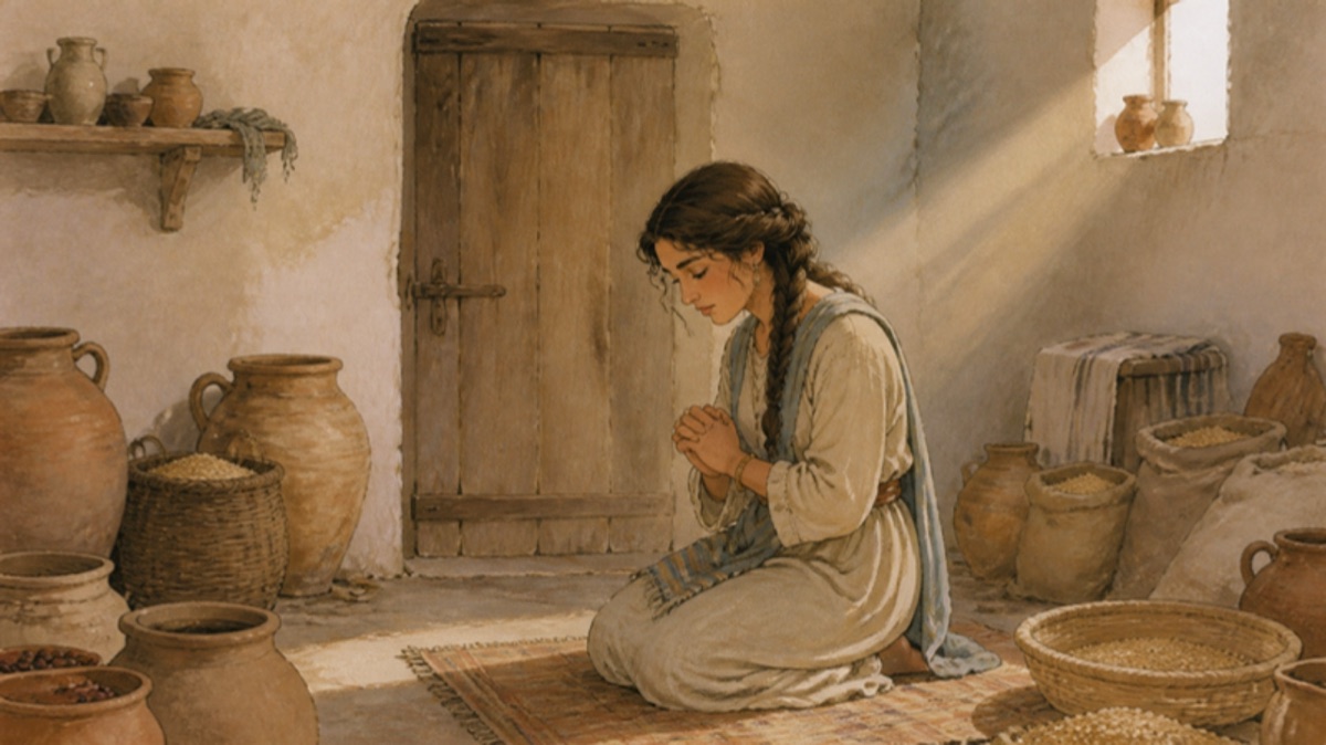 A woman prays alone in a small storeroom with the door closed