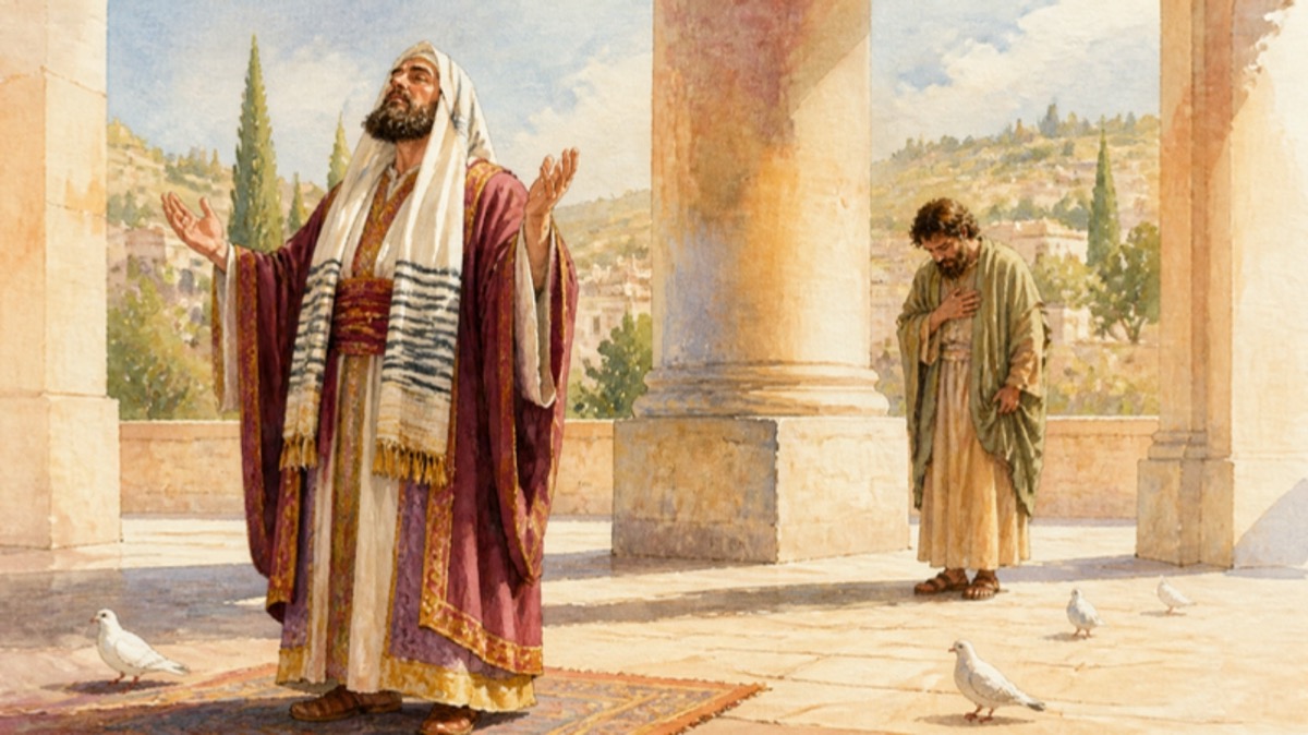 The Pharisee prays proudly while the tax collector stands far off with bowed head