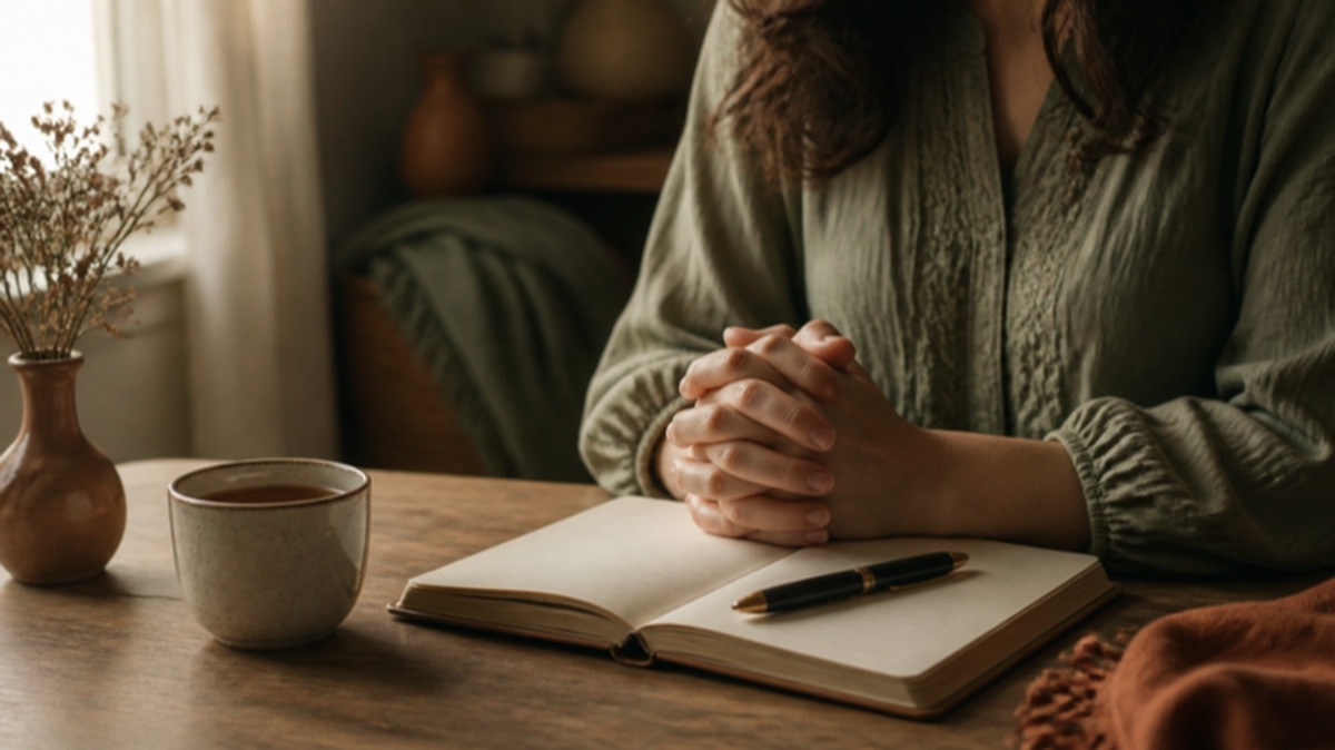 Folded hands resting on an open Bible in warm morning light