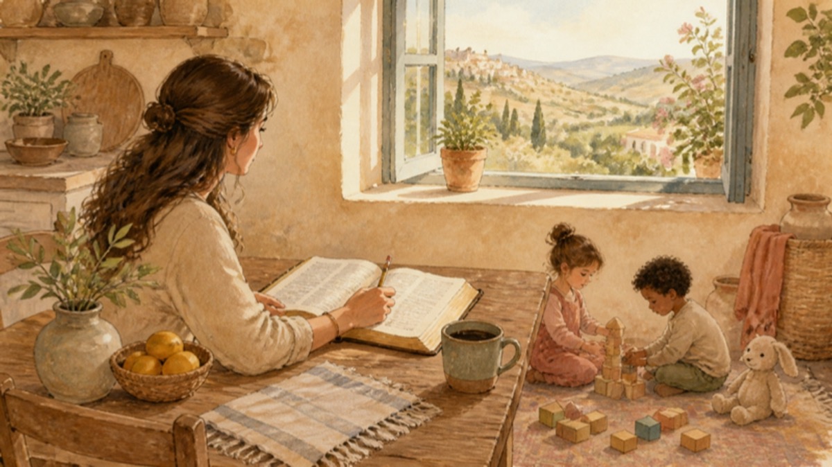 An open Bible, coffee, and a pencil at a kitchen table with toys on the floor