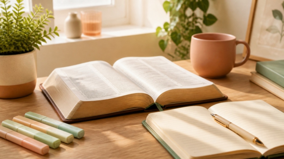 Close-up of an open Bible with colorful bookmarks on a wooden desk.