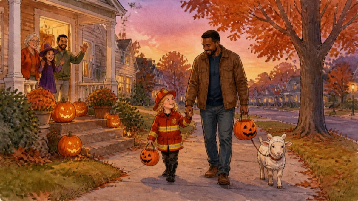 Families trick-or-treat on a leafy suburban street at twilight