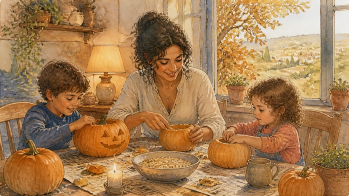 A mother and two children carve pumpkins at the kitchen table