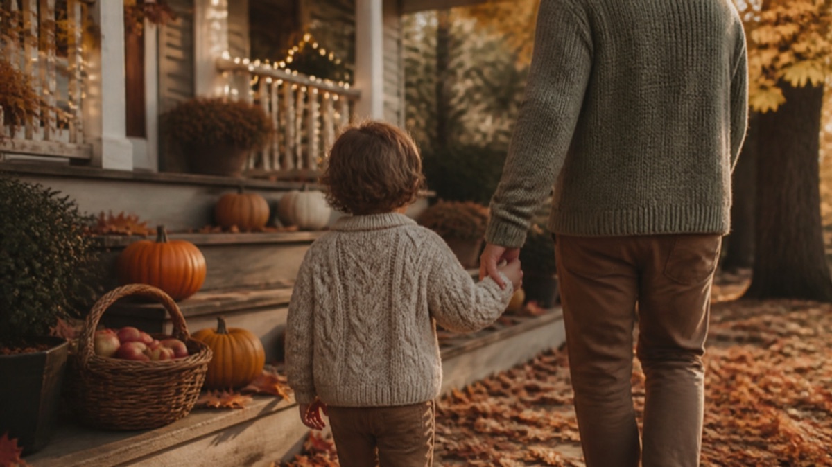 A small jack-o'-lantern sits on a path surrounded by leaves, perfect for fall and Halloween themes.