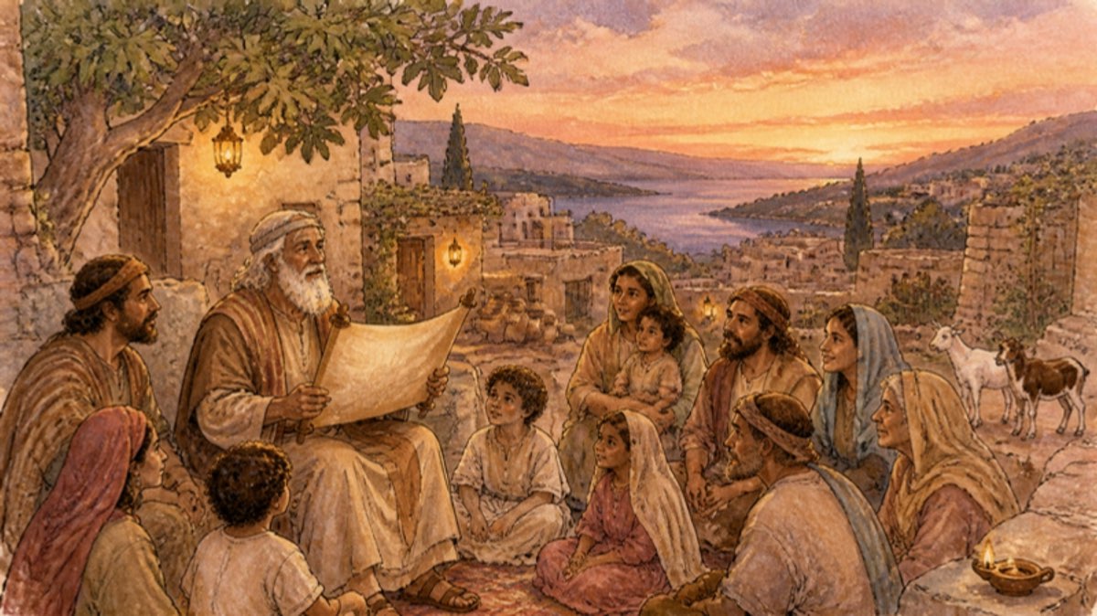 An elder reads the Law aloud to an Israelite village at dusk