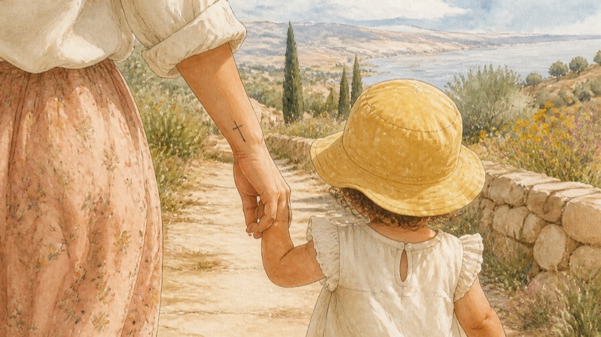 A small cross tattoo on a mother's wrist as she holds her toddler's hand