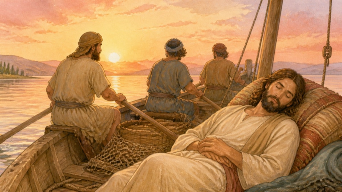 Jesus asleep on a cushion in the stern of a small fishing boat at sunset on the Sea of Galilee