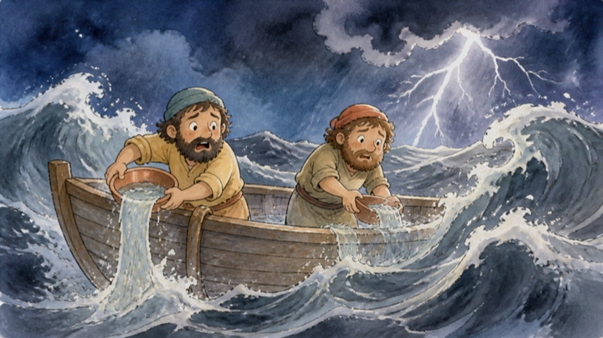 The disciples bailing water as huge dark waves crash over the little boat in the storm