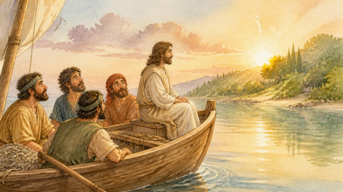 Jesus standing in the boat with one hand raised as the waves settle into calm water