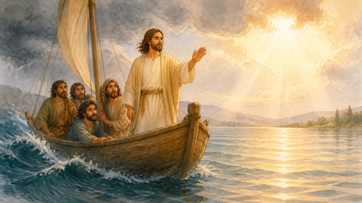 Watercolor children's illustration of Jesus standing calmly in a small fishing boat as the waves settle and sunlight breaks through