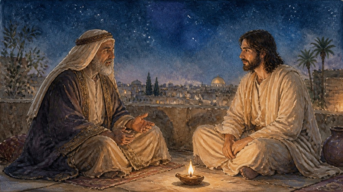 Nicodemus and Jesus talking by lamplight on a Jerusalem rooftop at night