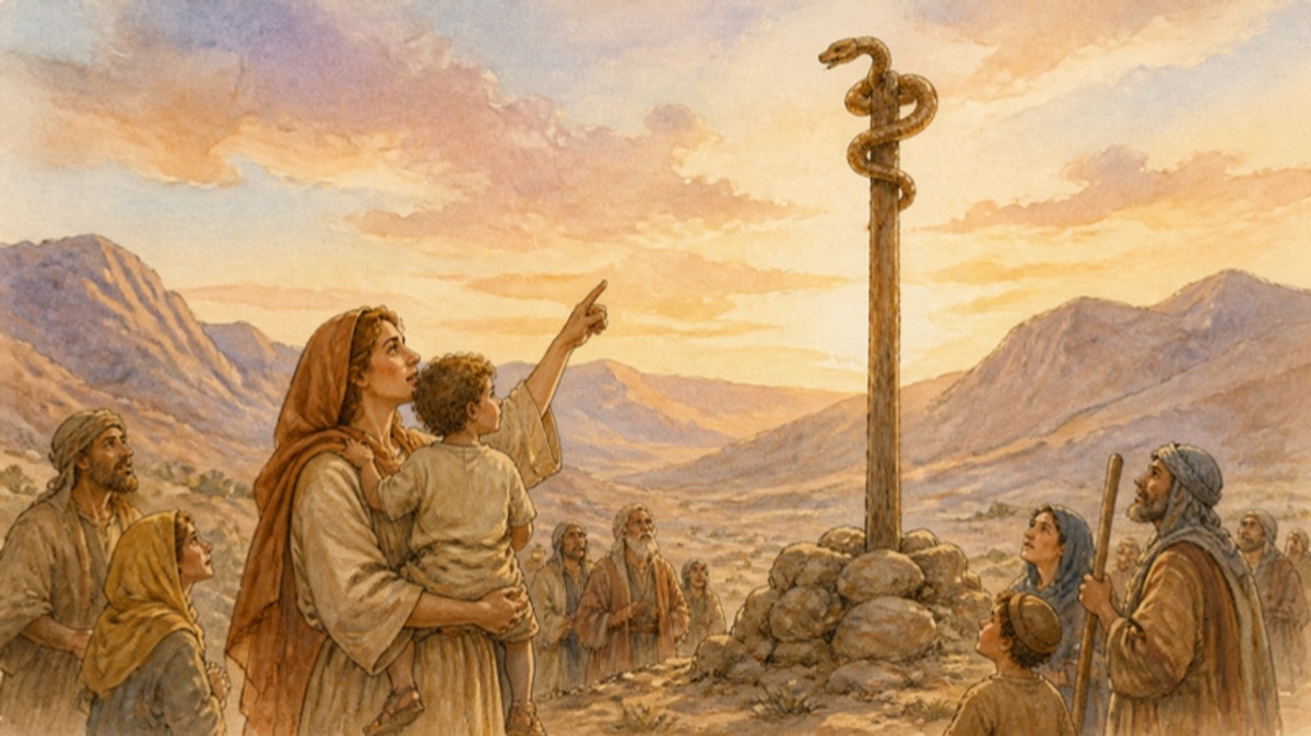 Israelites in the wilderness looking up at the bronze snake on a pole, the story Jesus used to explain John 3:16