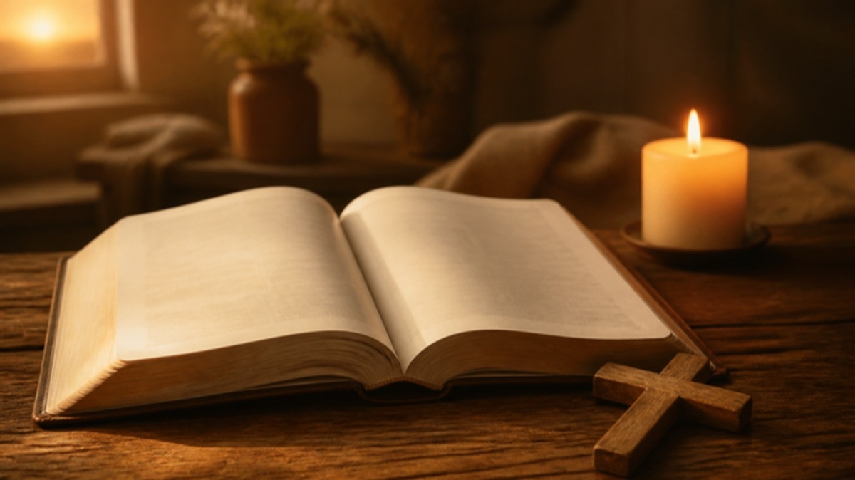 A rosary beads and crucifix resting on an open Bible displaying Psalms.