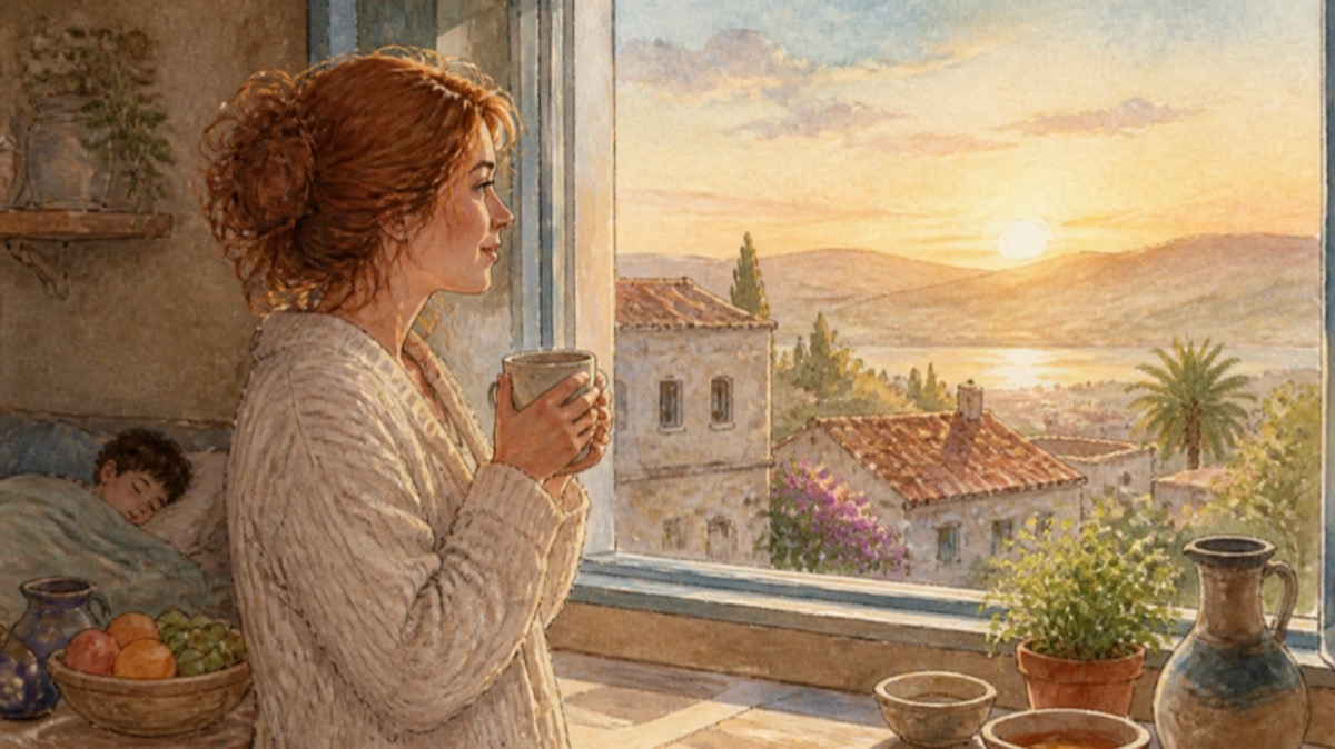 A mother holds her coffee at the kitchen window at dawn