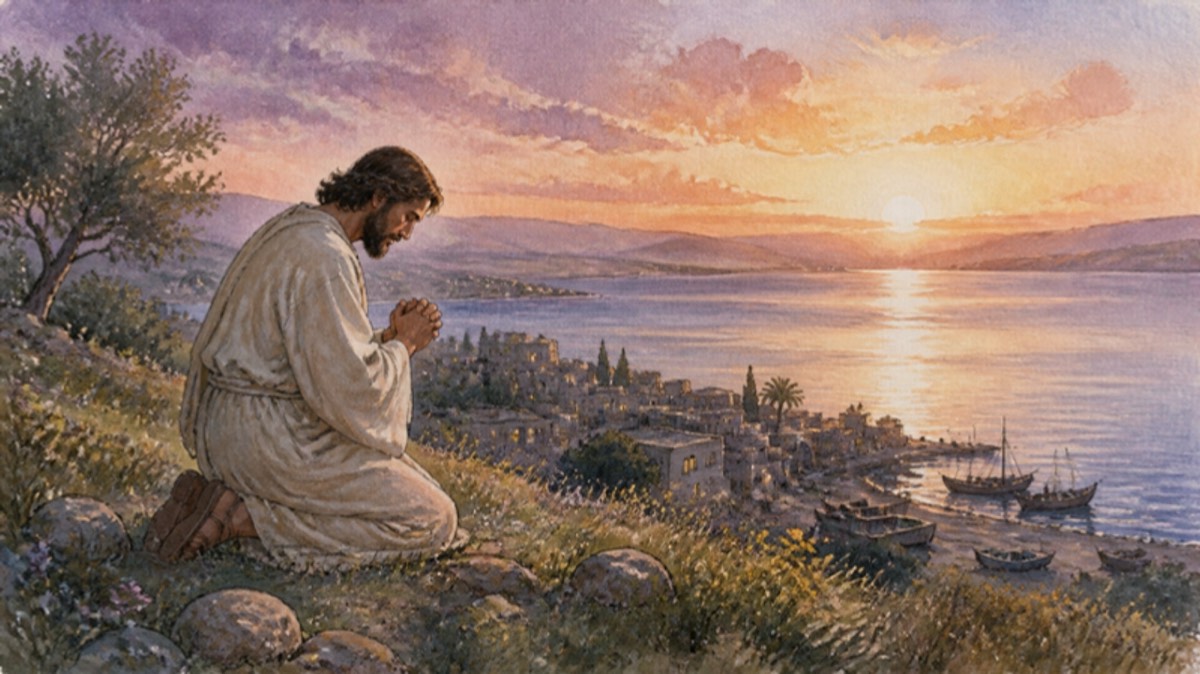 Jesus prays alone on a hillside above Capernaum before dawn