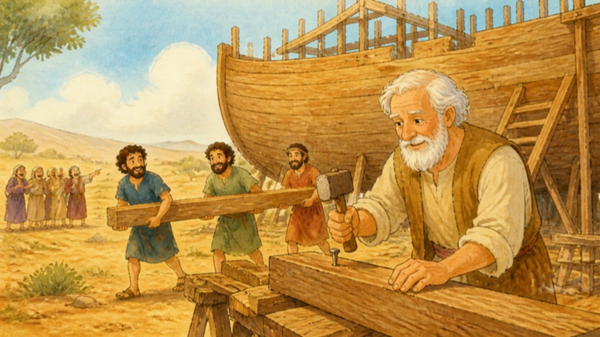 Noah and his sons building the huge wooden ark on dry land while villagers laugh