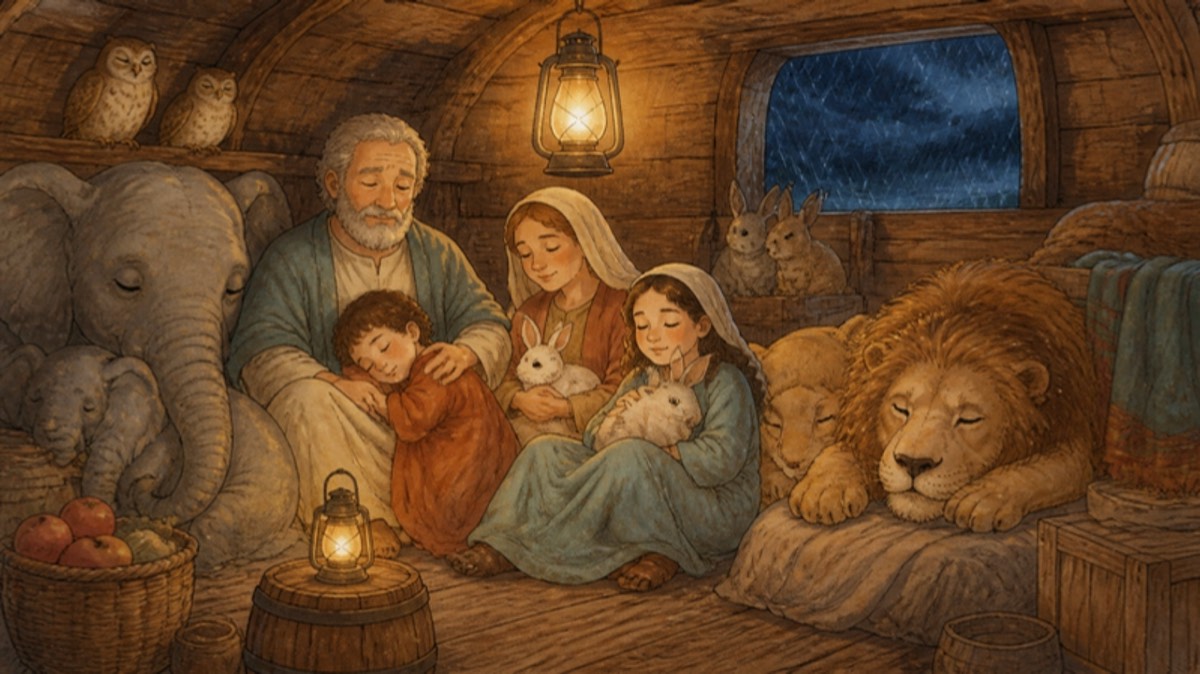 Inside the ark at night, Noah's family resting among sleepy pairs of animals while rain streaks the window
